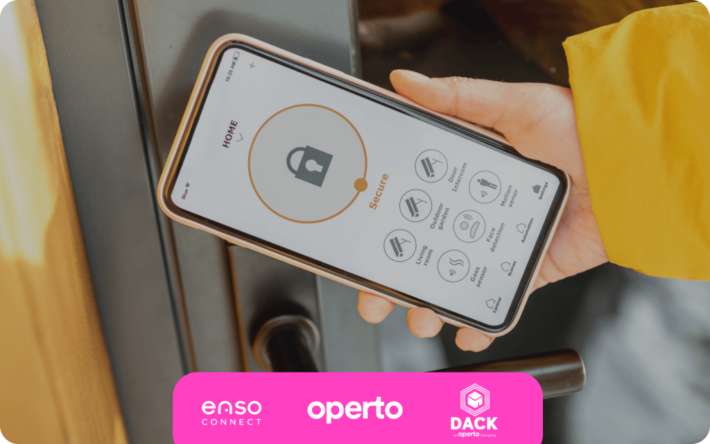 A person using a smartphone unlocking app like, Enso Connect, Operto, or DACK