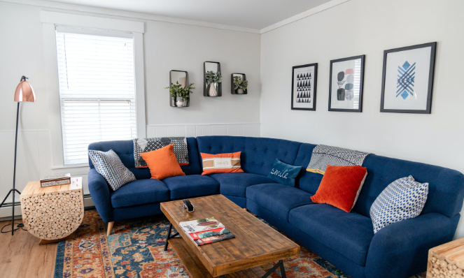 Blue sofa in a vacation rental for remote workers