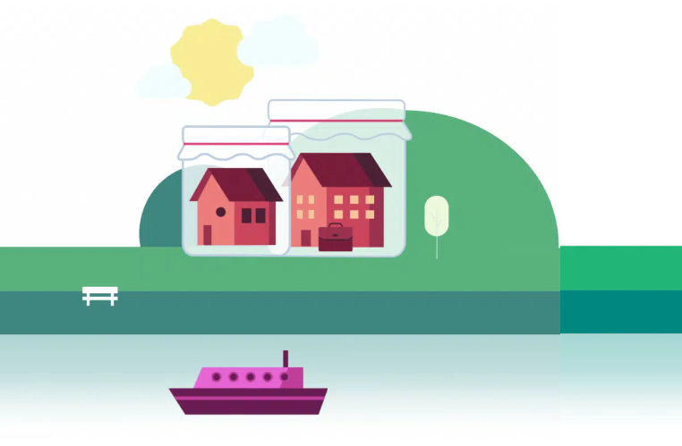 An imaginative illustration from the Pikl website depicting a picturesque mountain landscape with boats on a serene lake. In the foreground, a clear plastic bag is shown, containing a house inside it. This visual metaphor emphasizes the concept of protection, showcasing how Pikl safeguards homes and assets in a vibrant natural setting