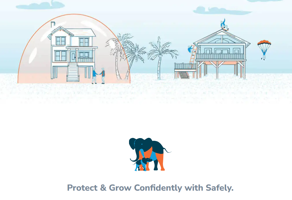 An illustration from the Safely website showcasing their branding guidelines, featuring an elephant alongside beach houses. A bumblebee symbolizes protection, highlighting the company’s commitment to safeguarding vacation rentals