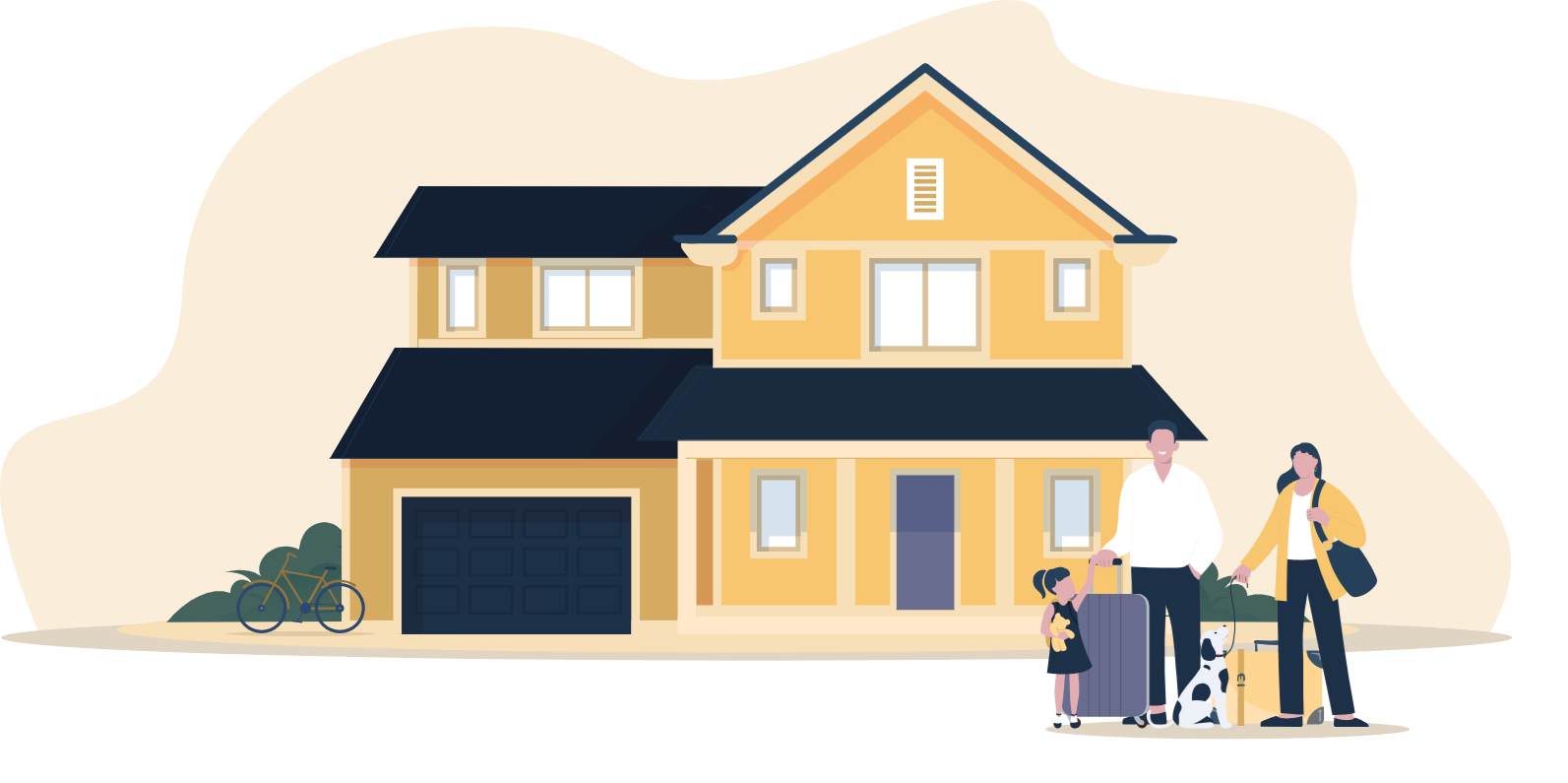 An illustration featuring a cheerful family with one child, one dog and luggage, standing in front of a house. The branding elements of Proper Insurance are visible, conveying the theme of home protection and travel security, with the family looking happy and ready for their vacation