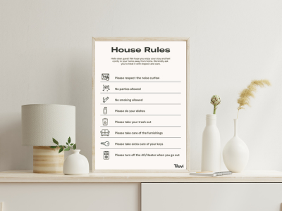 An image of a beige frame with a set of house rules listed on it.